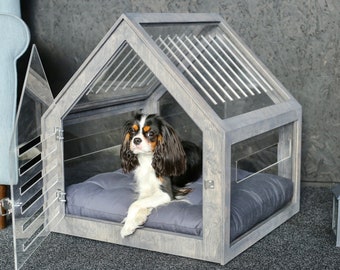 Fully transparent modern dog and cat house with acrylic sides PetSo. Dog bed, cat bed, indoor dog house, dog kennel, dog crate.