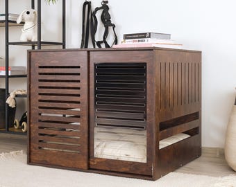 Modern dog crate with acrylic sliding door with a stopper Dordrecht Wood. Dog kennel, dog house, dog bed, indoor dog house, dog cage.