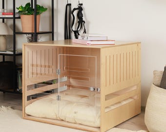 Wooden dog crate with acrylic front panel and door with a latch Dordrecht. Dog kennel, dog house, dog bed, indoor dog house, dog furniture.