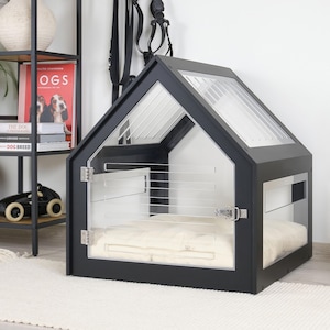 Fully transparent modern dog and cat crate with acrylic sides PetSo. Dog house, cat bed, indoor dog house, dog kennel, dog crate furniture.