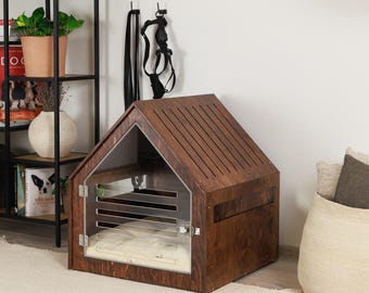 Modern dog and cat house with acrylic door PetSo stained wood. Dog crate, dog kennel, dog crate furniture, dog bed, indoor dog house.