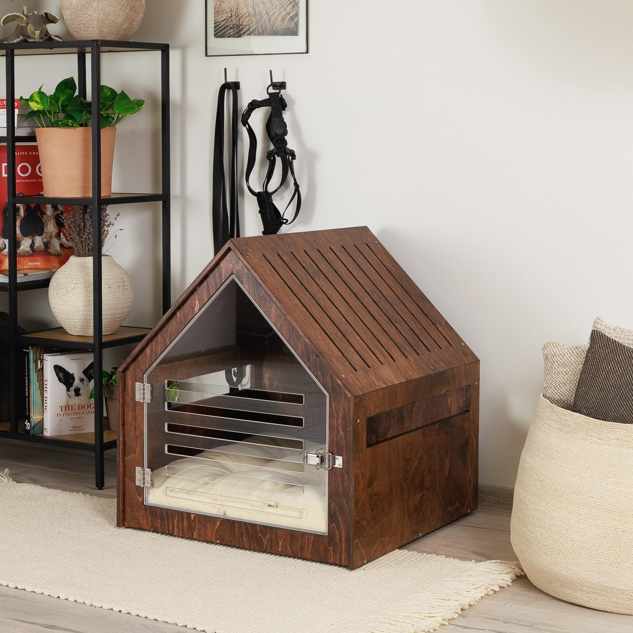Modern dog and cat house with acrylic door PetSo stained wood. Dog crate, dog kennel, dog crate furniture, dog bed, indoor dog house.