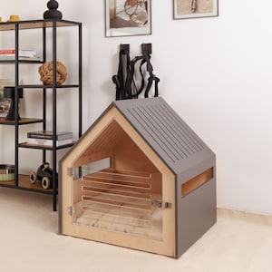 Dog crate with acrylic door and cotton cushion PetSo. Dog crate furniture/indoor dog house/dog kennel/stylish dog crate/modern dog furniture