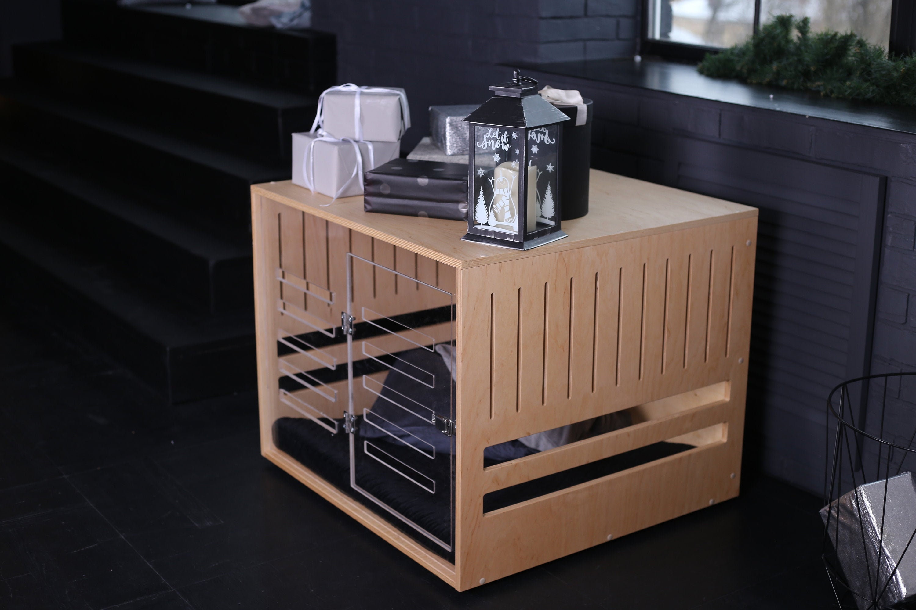 Image showcasing Wooden Dog Crate With Acrylic Front Panel and Door With a - Etsy