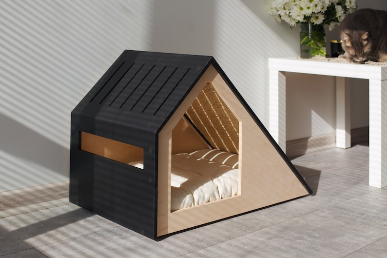 Modern cat house with changeable scratcher/cat bed/cat pillow/wooden cat house/cat kenne/cat furniture/cat cave/cat scratching image 9
