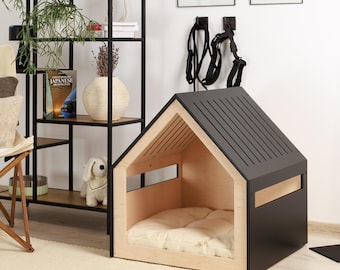Modern crate/house for small and medium dogs, soft cotton cushion is included, free customization with pet name.