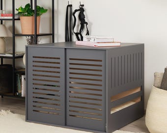 Modern dog crate with wooden sliding door with a latch Dordrecht. Dog kennel, dog house, dog bed, indoor dog house, dog furniture, dog cage.