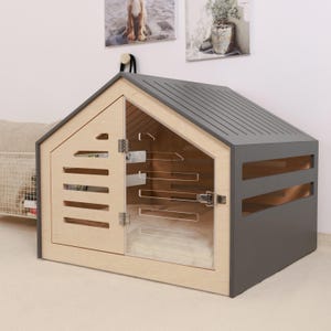 Dog kennel with acrylic door Venlo. Indoor wooden crate for small and large dogs.