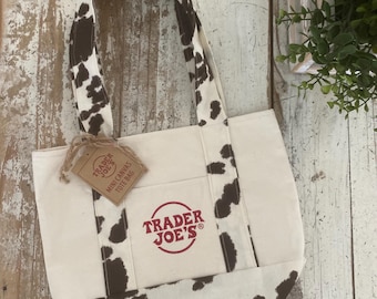 Custom MINI Western Cow print RED LOGO Trader Joe’s Canvas Tote Bag