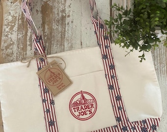 Custom Stars and Stripes 4th of July 250th Trader Joe’s Red Logo Canvas Tote Bag