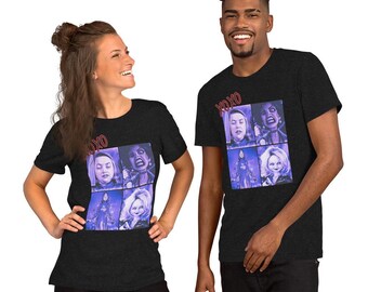 May include: Two people wearing black t-shirts with a collage of four images of characters from the film "Child's Play" with the text "XOXO" above the images.