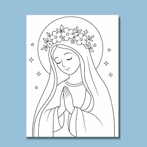 以下が含まれることがあります： 花冠をつけた女性の白黒線画イラスト。祈りのために手を合わせ、光輪があります。画像は星に囲まれ、水色の背景に配置されています。下部にはダウンロードボタンがあります。