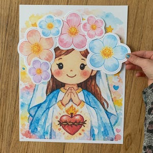 May include: A watercolor illustration of a smiling figure with brown hair, wearing a blue robe and a heart with a flame. The figure is adorned with colorful flower cutouts. The background features watercolor washes of yellow, blue, and pink.