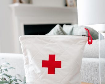 Quilted First Aid Zipper Pouch | Handmade Medical Bag | Travel Organizer | Emergency Kit Holder | Red Cross Design