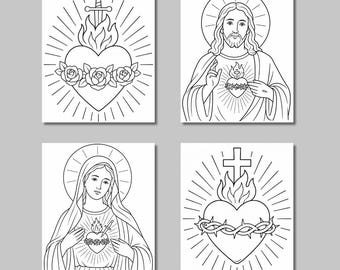 Sacred Hearts Coloring COLLECTION OF FOUR | Catholic Craft | Sacred Heart of Jesus | Sacred Heart of Mary | Toddler Sunday School | Download