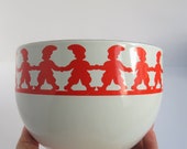 Kaj Franck Enamel Bowl Tonttu Pattern for Finel - Arabia Finland Christmas, Elves, Red and White, Circa 1960s, MCM Kitchenalia Retro