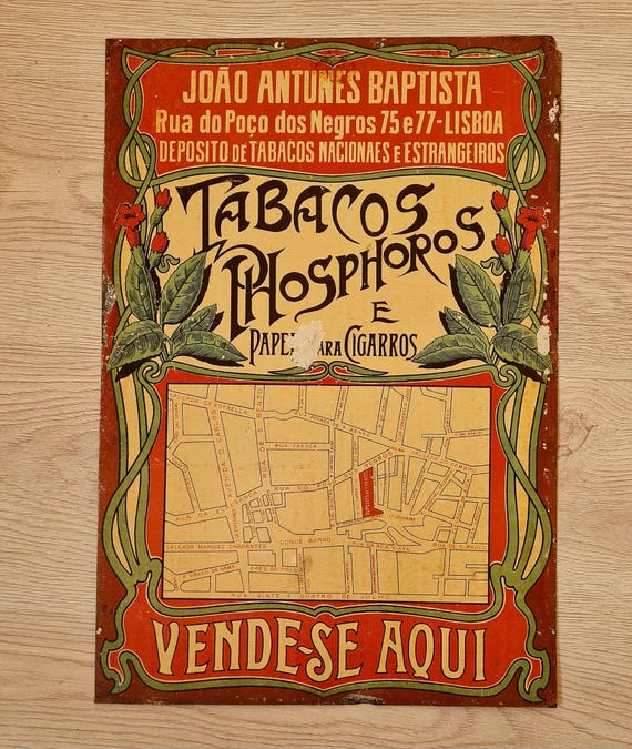 tobacco lisbon Vintage Portuguese Enamel Advertising Sign – Tobacco Shop Lisbon Map – Art  Nouveau, C.1910s