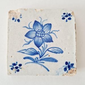Antique Portuguese Azulejo Tile: Hand-Painted Floral Delft Style, c. 1800s