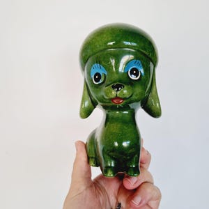 Vintage Green Ceramic Dog Coin Bank – 1960s Handpainted Puppy Money Box – Mid-Century Figurine