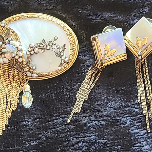 Marena- Vintage- Designer Brooch & Earrings set- Handmade in Germany_pearls, crystals, borealis stones