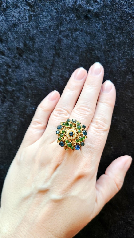 FLORENZA Cocktail Ring Multi colored Rhinestones Blue Green With
