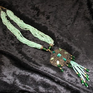 Vintage Bohemian Teal & Green beaded necklace with silver pendant