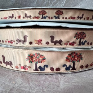 RIBBON CLEARANCE ... Fall Scene Ribbon, Squirrels Ribbon, 3/8&quot; (9mm) 5/8&quot; (16mm)  7/8&quot; (22)
