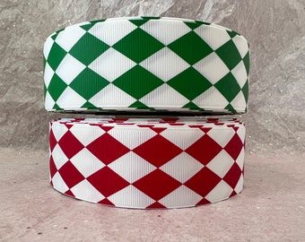 RIBBON CLEARANCE ...  Christmas Grosgrain Ribbon, Green/White Harlequin Ribbon, Red/White Harlequin Ribbon. 1.5" (38mm)