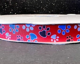 LIQUIDACIÓN DE CINTA, Patas azules, negras y blancas sobre cinta de grosgrain roja, 7/8" (22 mm) de ancho