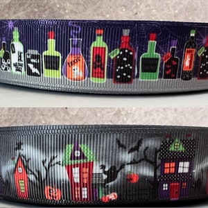 RIBBON CLEARANCE ... Halloween Ribbon .... Love Potion Ribbon, Haunted Houses Ribbon, 5/8&quot; (16mm) 7/8&quot; (22mm)