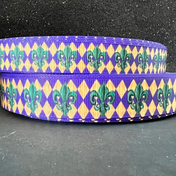 RIBBON CLEARANCE ... Mardi Gras Ribbon, Fleur De Lis Ribbon, Harlequin Ribbon 5/8" (16mm, 7/8" (22mm)