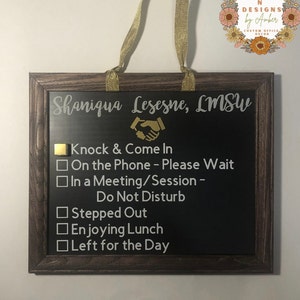 Where is the social worker,Left for the day sign,Social Worker office,LMSW sign,In a Meeting sign,Social Worker gift,Social Worker door sign