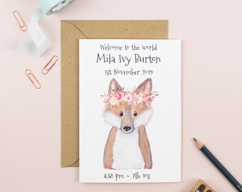 New Baby, Welcome to the world, Baby girl card, Personalised baby card, Fox card,Fox, New baby card, cute fox card