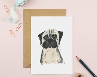 Pug card, Birthday card, Pug, Dog Card, Blank Card, Dog illustration, Pug Painting