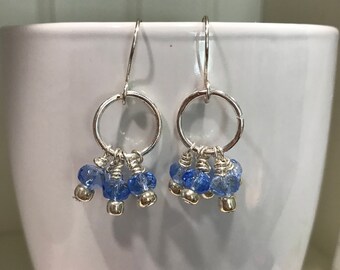 Small hoops with blue bead dangle earrings
