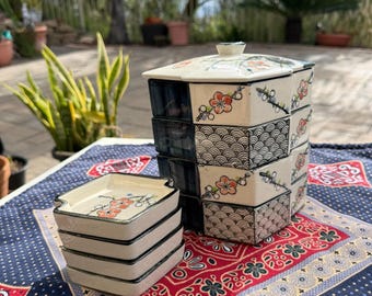Izumiryu Tiered Porcelain Snack Bento Box + Saucers Plum/Cherry Design
