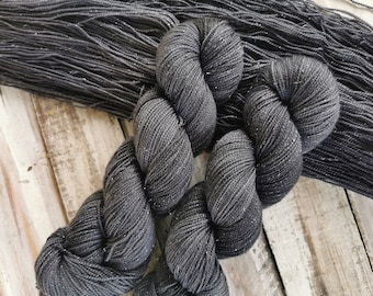 INK on handdyed SILVER Sparkle Sock Yarn Fingering Weight 4ply