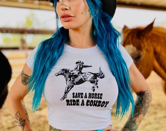 Save A Horse Ride A Cowboy White Crop Top