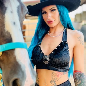 Studded Velvet Concho Halter Top Look More Colors