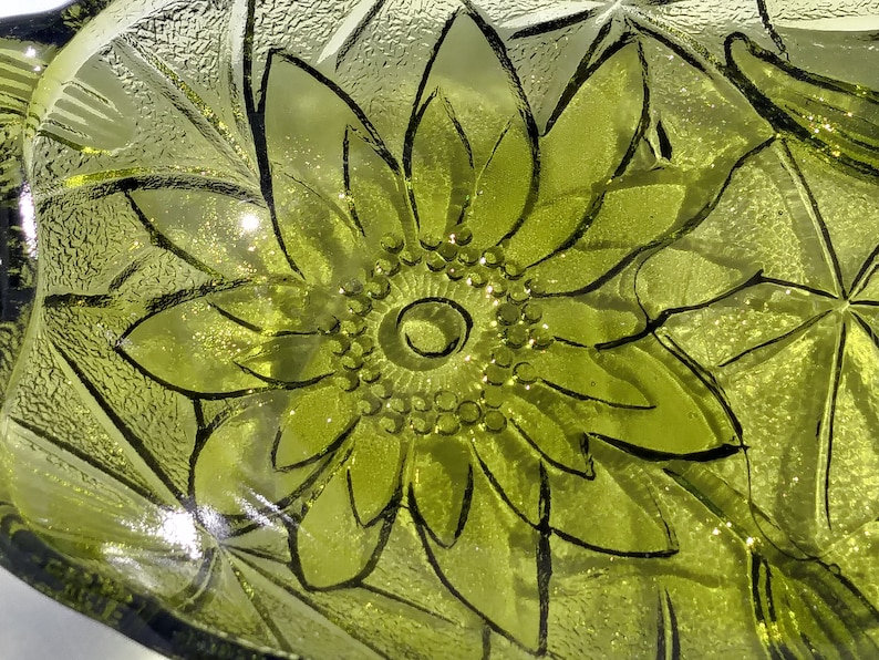 Olive Green Oval Bowl Candy Dish with Lotus Flowers and Lily pads
