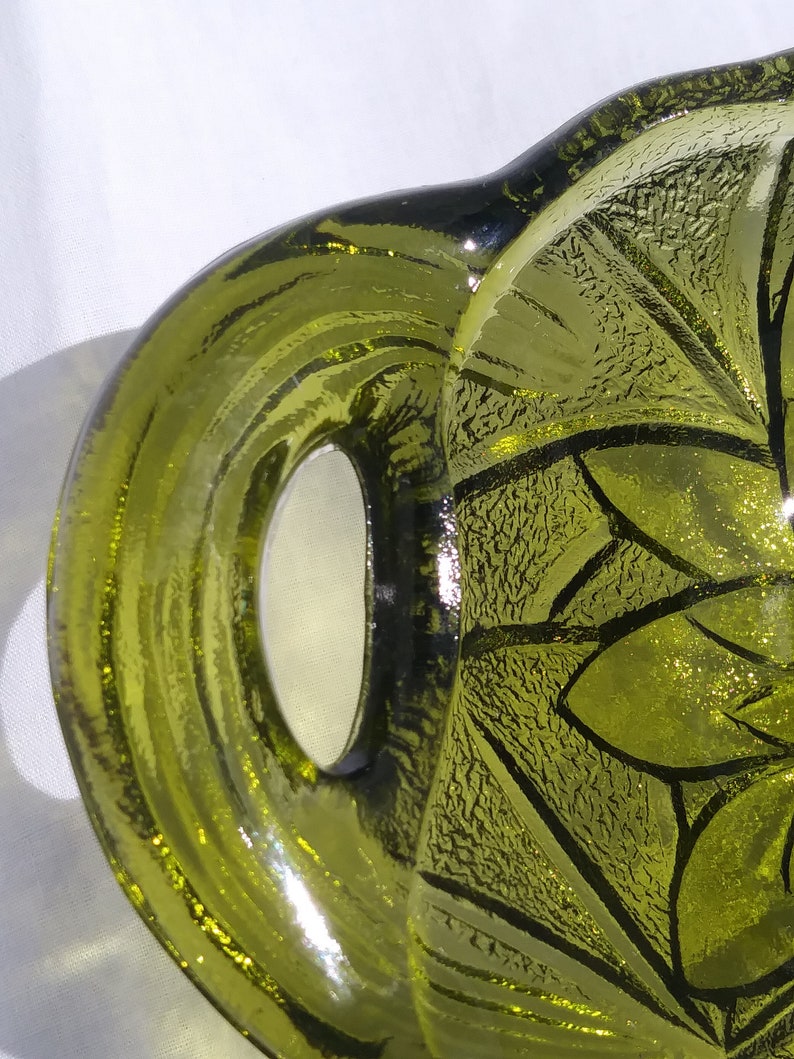 Olive Green Oval Bowl Candy Dish with Lotus Flowers and Lily pads