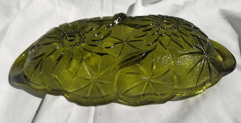 Olive Green Oval Bowl Candy Dish with Lotus Flowers and Lily pads