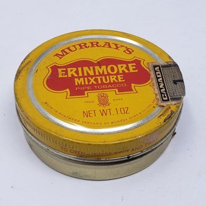 Vintage Northern Ireland Murray&#39;s Erinmore Pipe Tobacco Tin with Canada Stamp seal