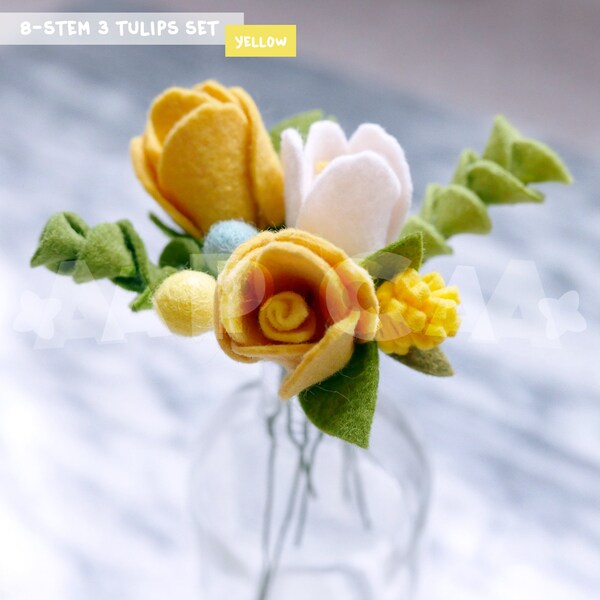 8-Stem 3 Tulips Set (Pre-cut petals) Wool Felt Mini Flower Bouquet DIY KIT