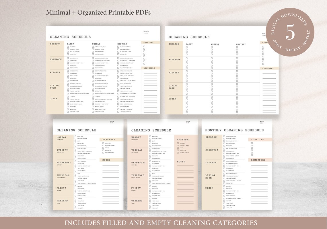 PRINTABLE CLEANING SCHEDULE Daily Weekly Monthly - Etsy