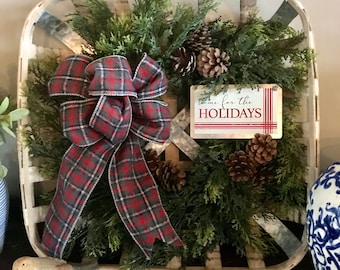 Holiday Wreath, Farmhouse, Rustic, Tobacco Basket, Holiday Wreath, Home for the Holidays,  Home Decor, Holiday Decor, Gift, Christmas wreath