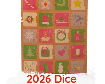 May include: A rectangular advent calendar with a tan background featuring a grid of twenty numbered squares. Each square displays a festive icon such as a candy cane, bear, star, snowflake, wreath, or snowman. The text 2026 Dice Advent Calendar is below.