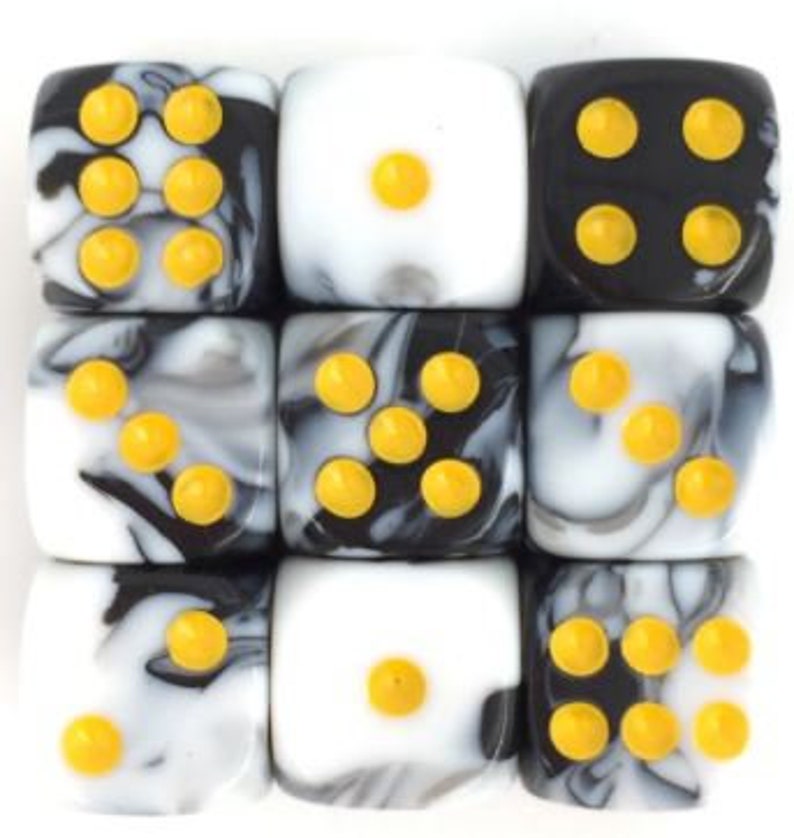 12mm 6 Sided Dice White Black Marble Set of 6
