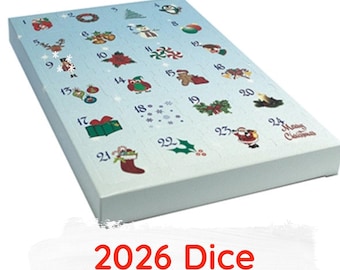 May include: A light blue rectangular advent calendar featuring twenty-four numbered doors with various Christmas-themed illustrations including a snowman, Santa Claus, and ornaments. The text 2026 Dice Advent Calendar is printed below.
