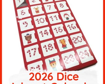 May include: A red and white advent calendar with twenty-four numbered doors featuring candy cane patterns and small animal illustrations. The first door is partially open, and the text 2026 Dice Advent Calendar is printed below.